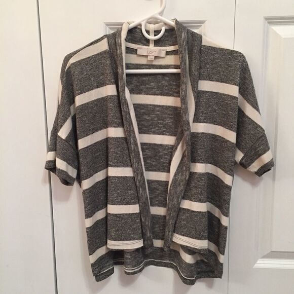 Loft Grey White Striped Short Sleeve Cardigan - Picture 2 of 5